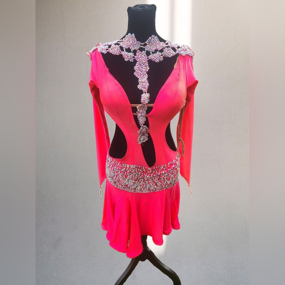 Vibrant Pink Long Sleeve Latin/Rhythm Ballroom Dance Dress